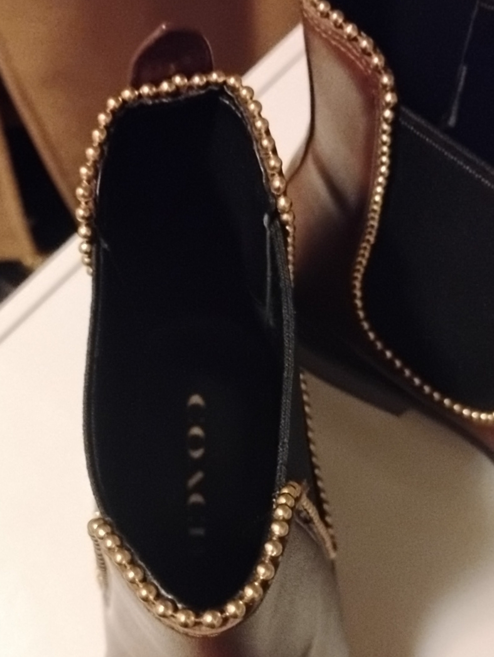 Coach Black Leather Ankle Booties with Gold Bead Trim